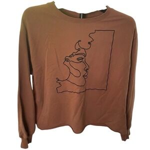 Well Worn Women Brown SingleLine Embroidered Abstract Modern RawHem Sweatshirt L